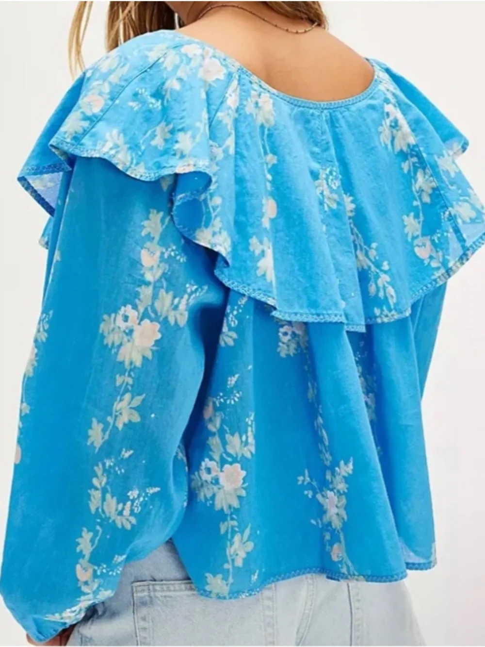 Free People Sky Blue Floral Ruffle Peasant Top - Picture 2 of 9